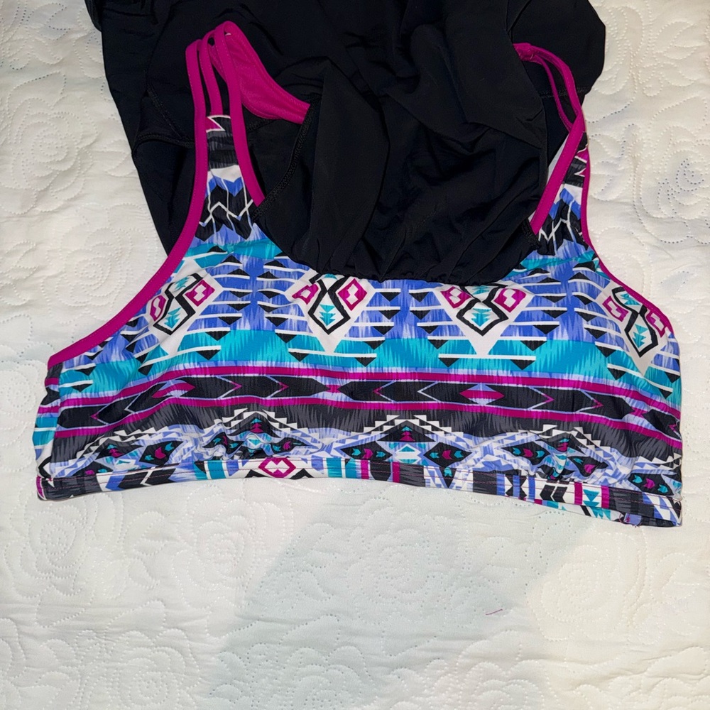 Black Tankini Set with Pink Racerback and Floral Trim - Picture 6 of 7